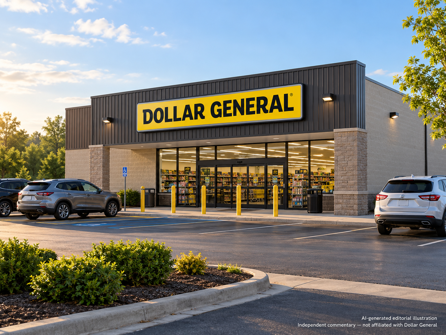 AI-generated editorial illustration of a Dollar General storefront